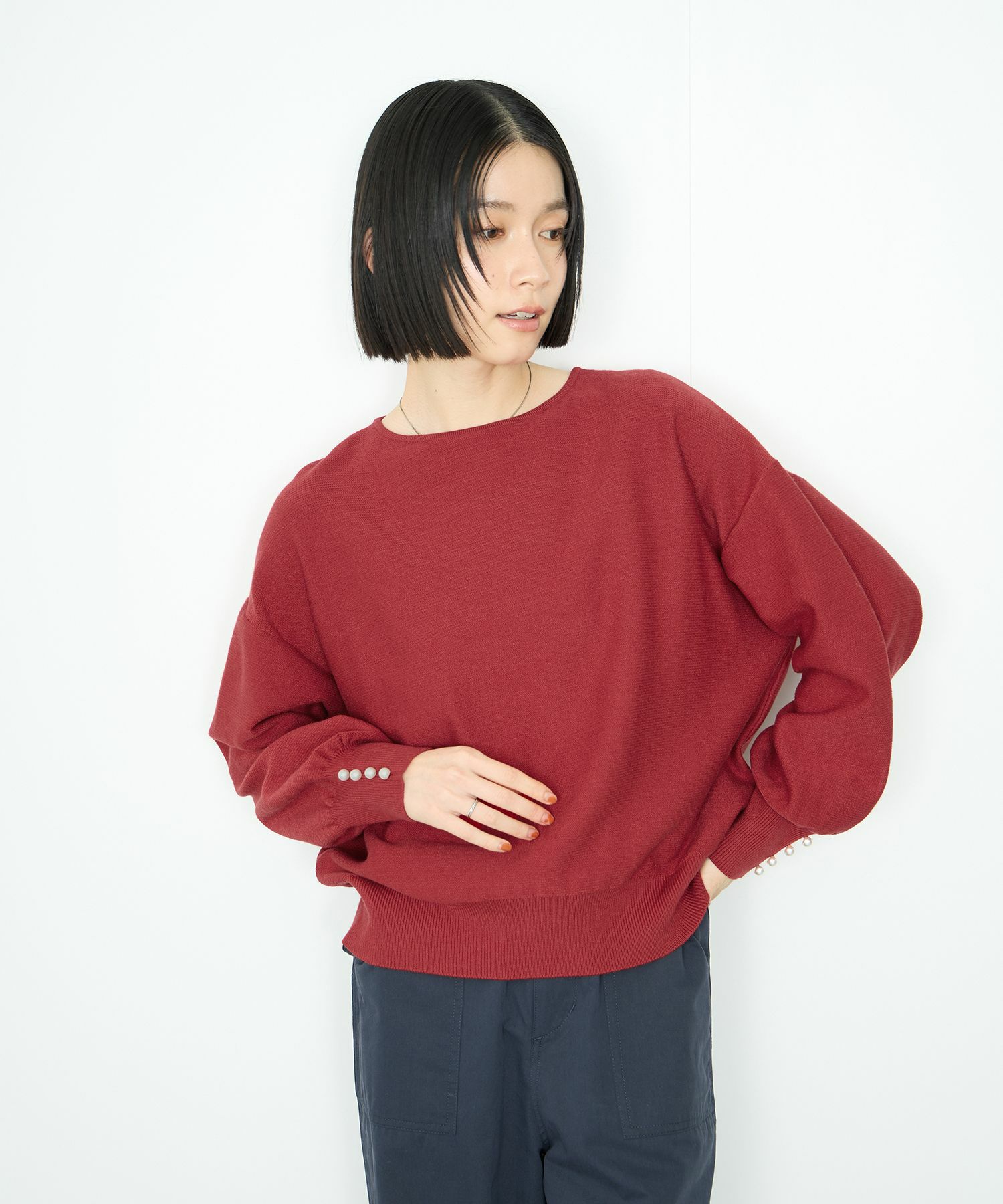 Idnes 横リブパールボタンニット レディース