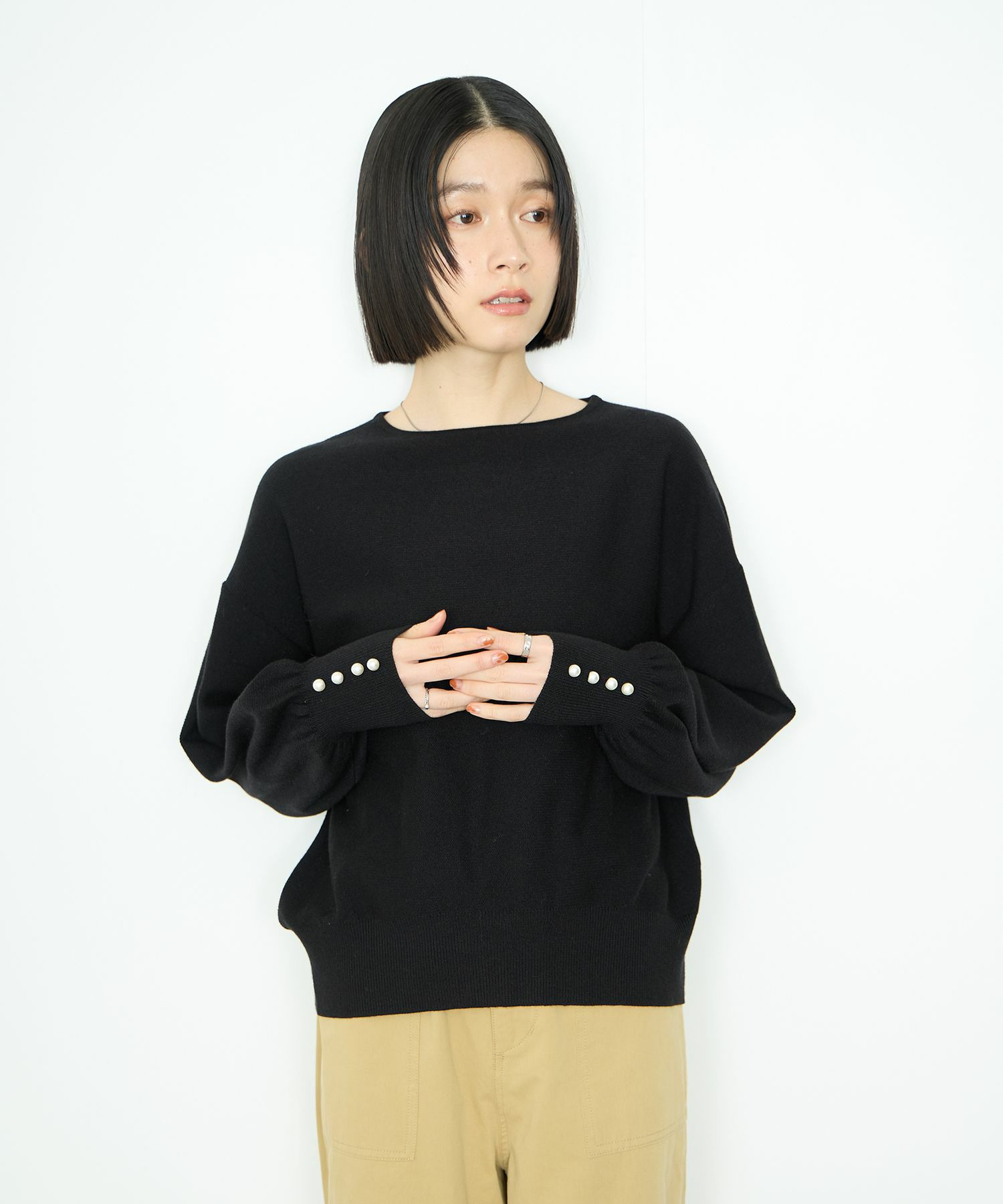 Idnes 横リブパールボタンニット レディース