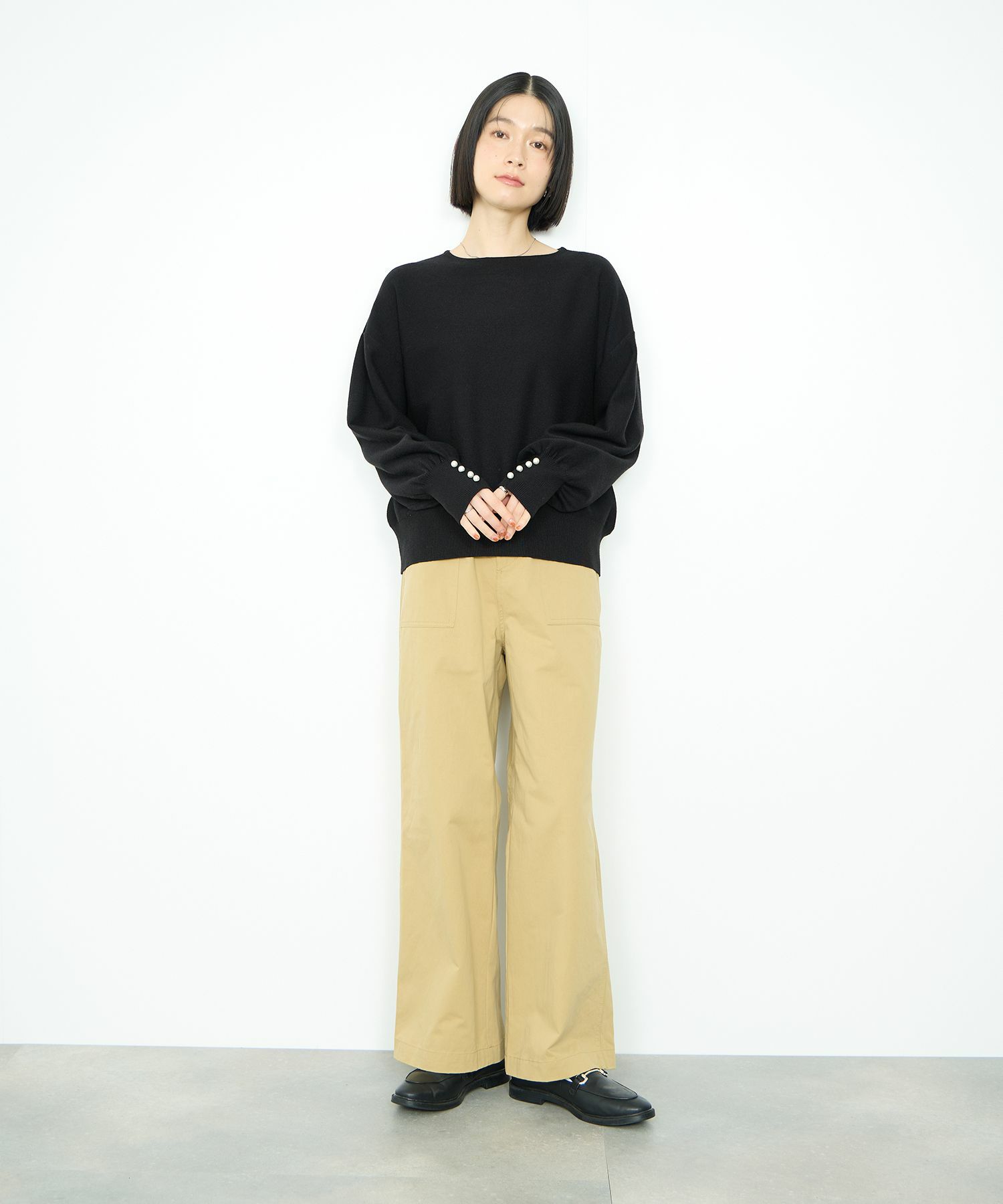 Idnes 横リブパールボタンニット レディース