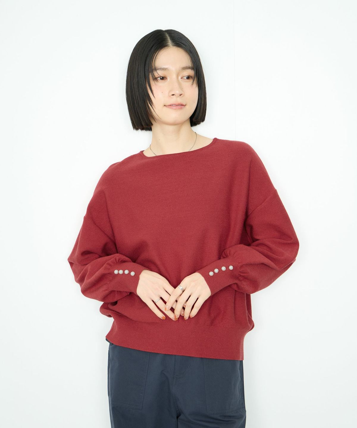 Idnes 横リブパールボタンニット レディース