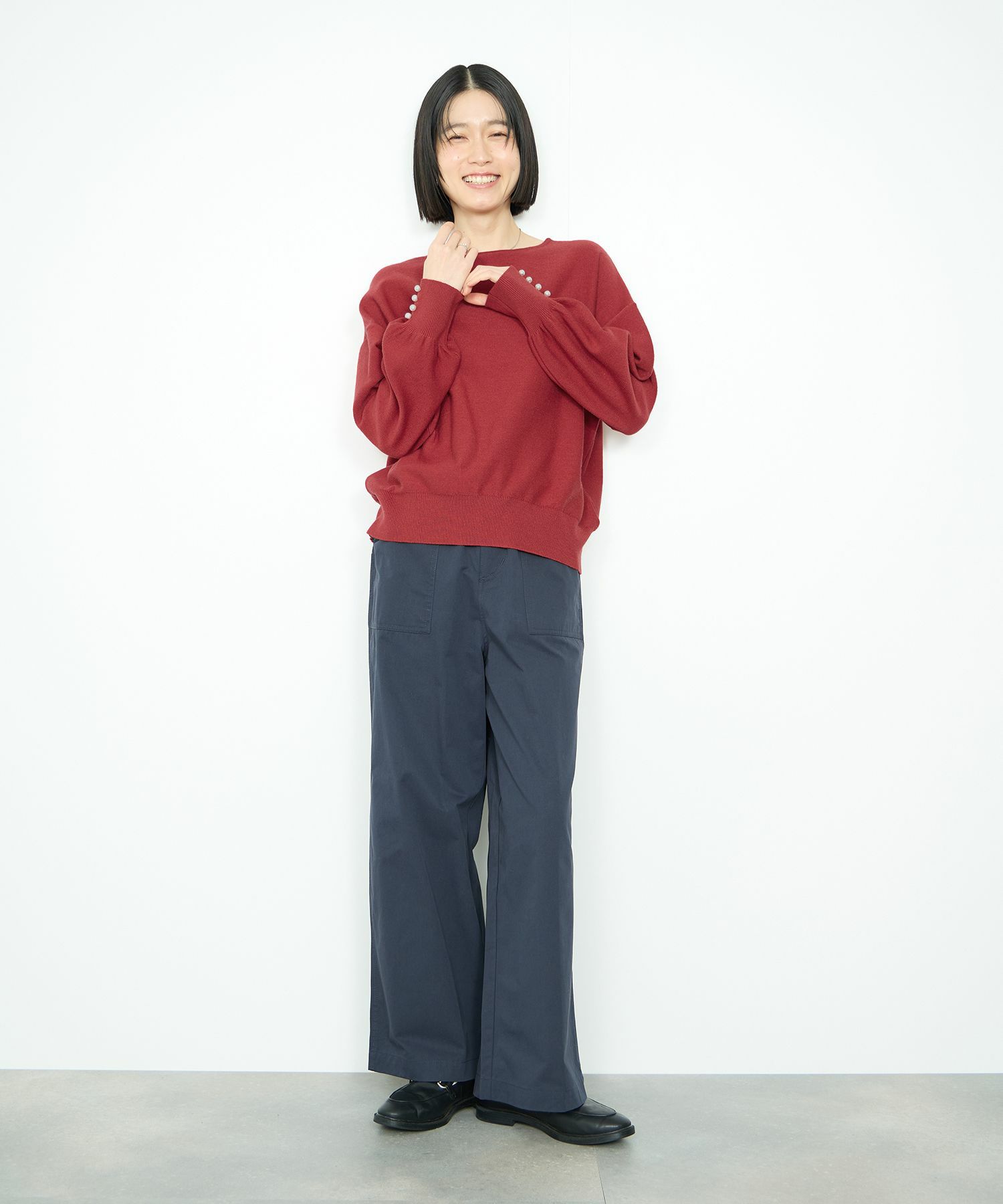 Idnes 横リブパールボタンニット レディース