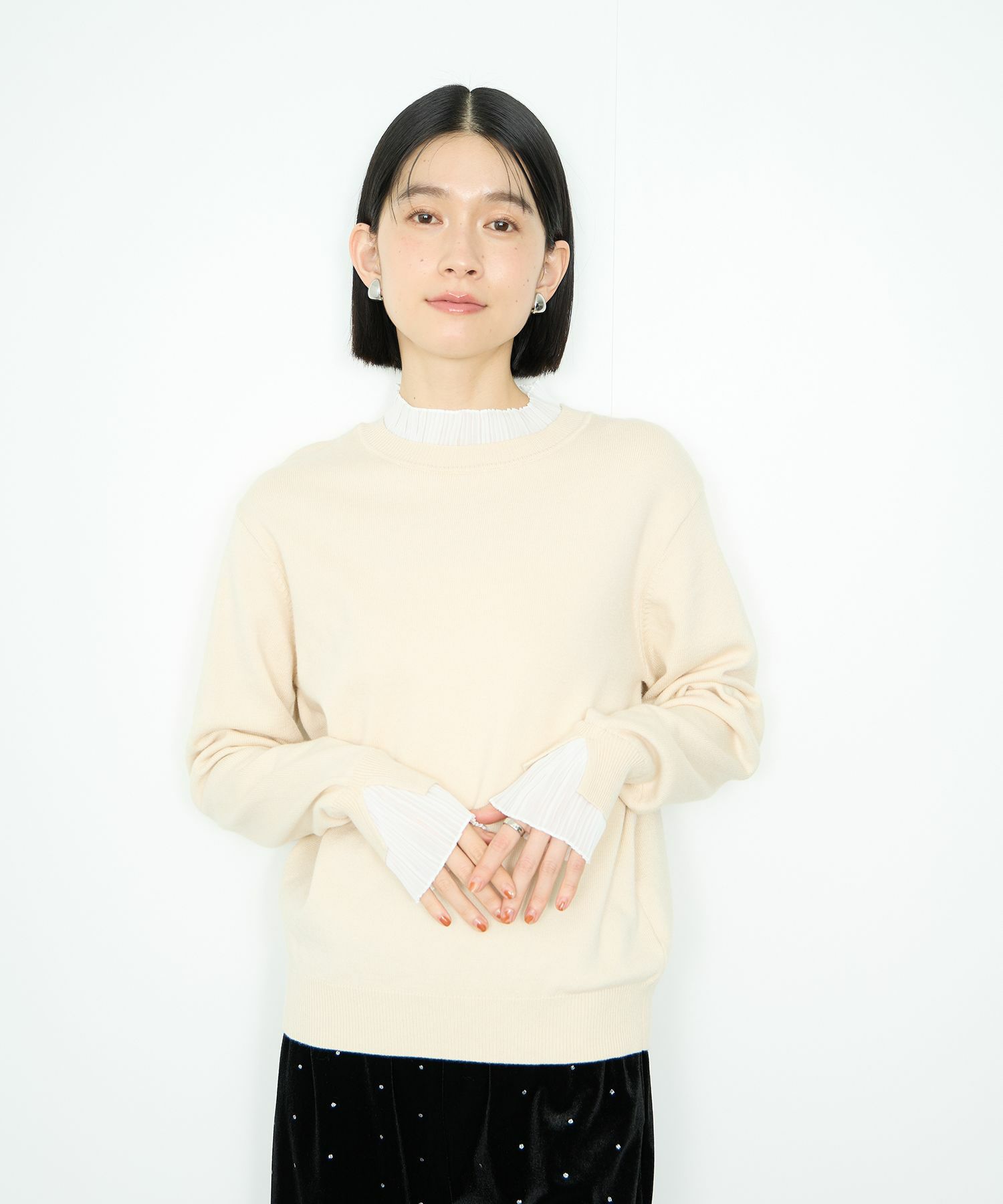  Idnes 襟プリーツドッキングニット レディース