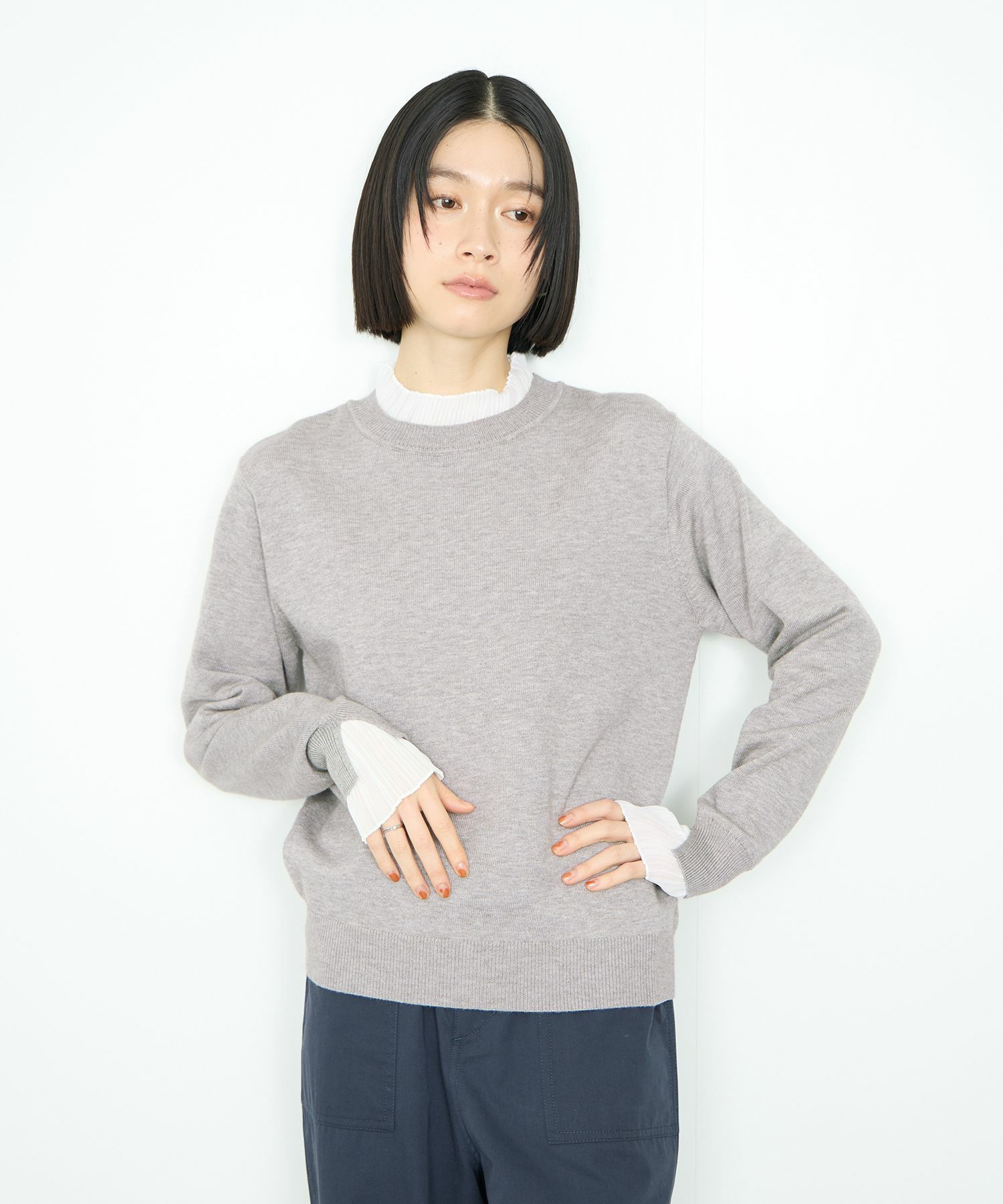  Idnes 襟プリーツドッキングニット レディース