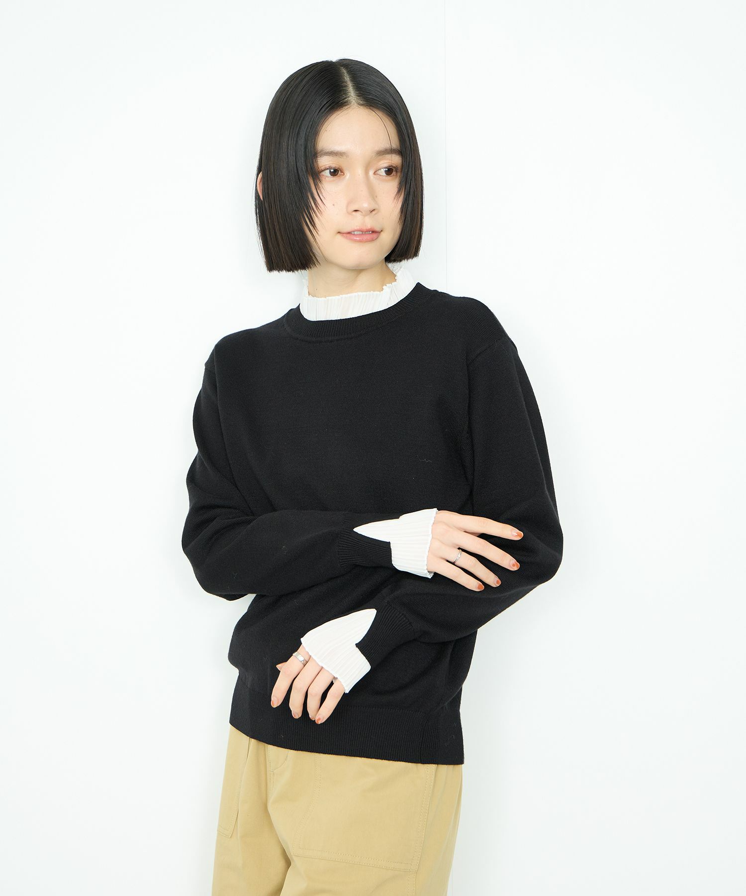  Idnes 襟プリーツドッキングニット レディース