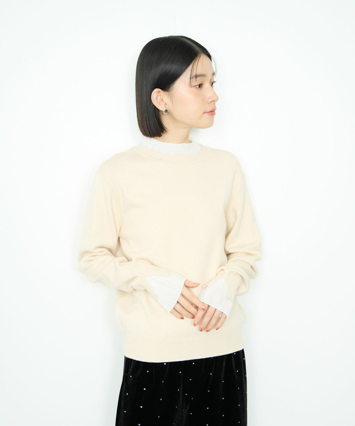  Idnes 襟プリーツドッキングニット レディース