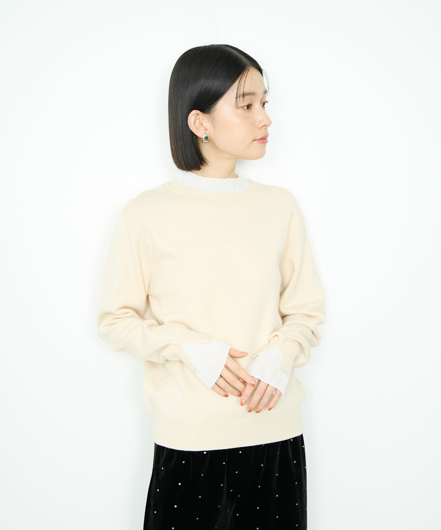  Idnes 襟プリーツドッキングニット レディース