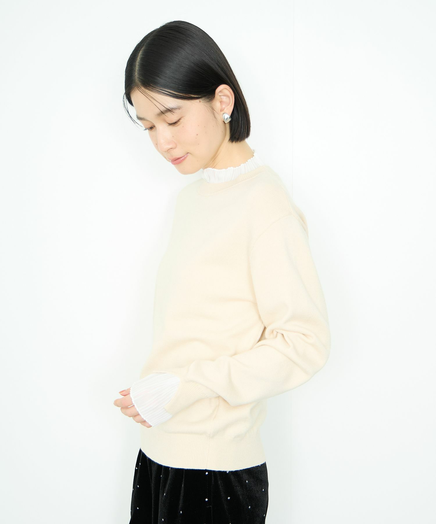  Idnes 襟プリーツドッキングニット レディース