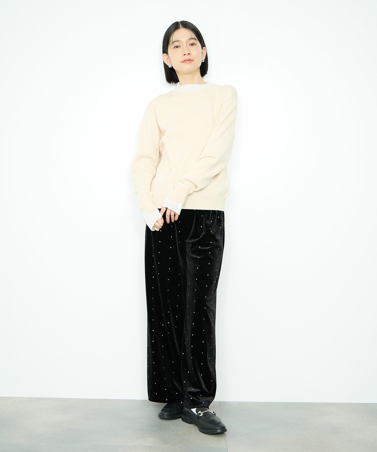  Idnes 襟プリーツドッキングニット レディース