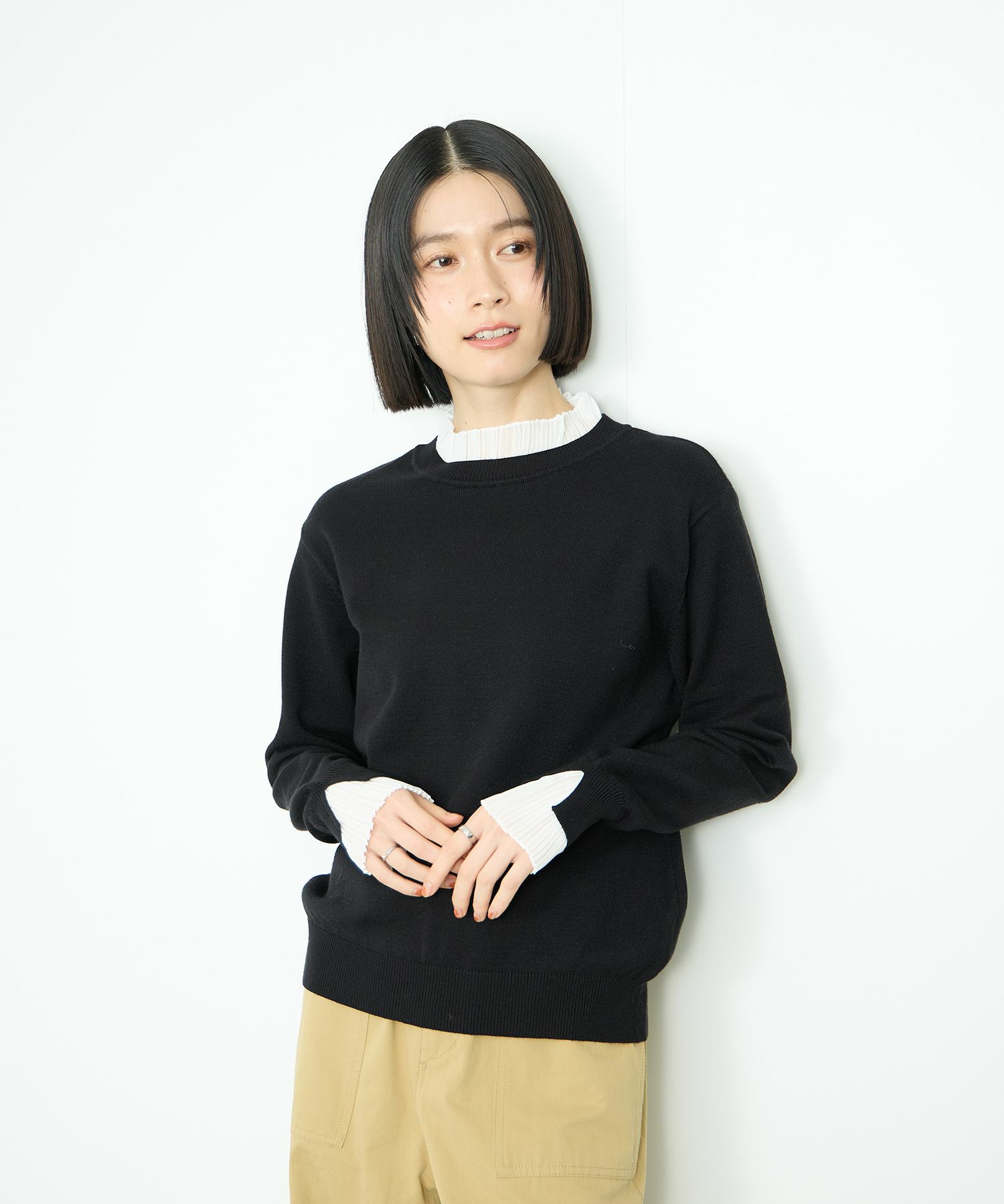  Idnes 襟プリーツドッキングニット レディース