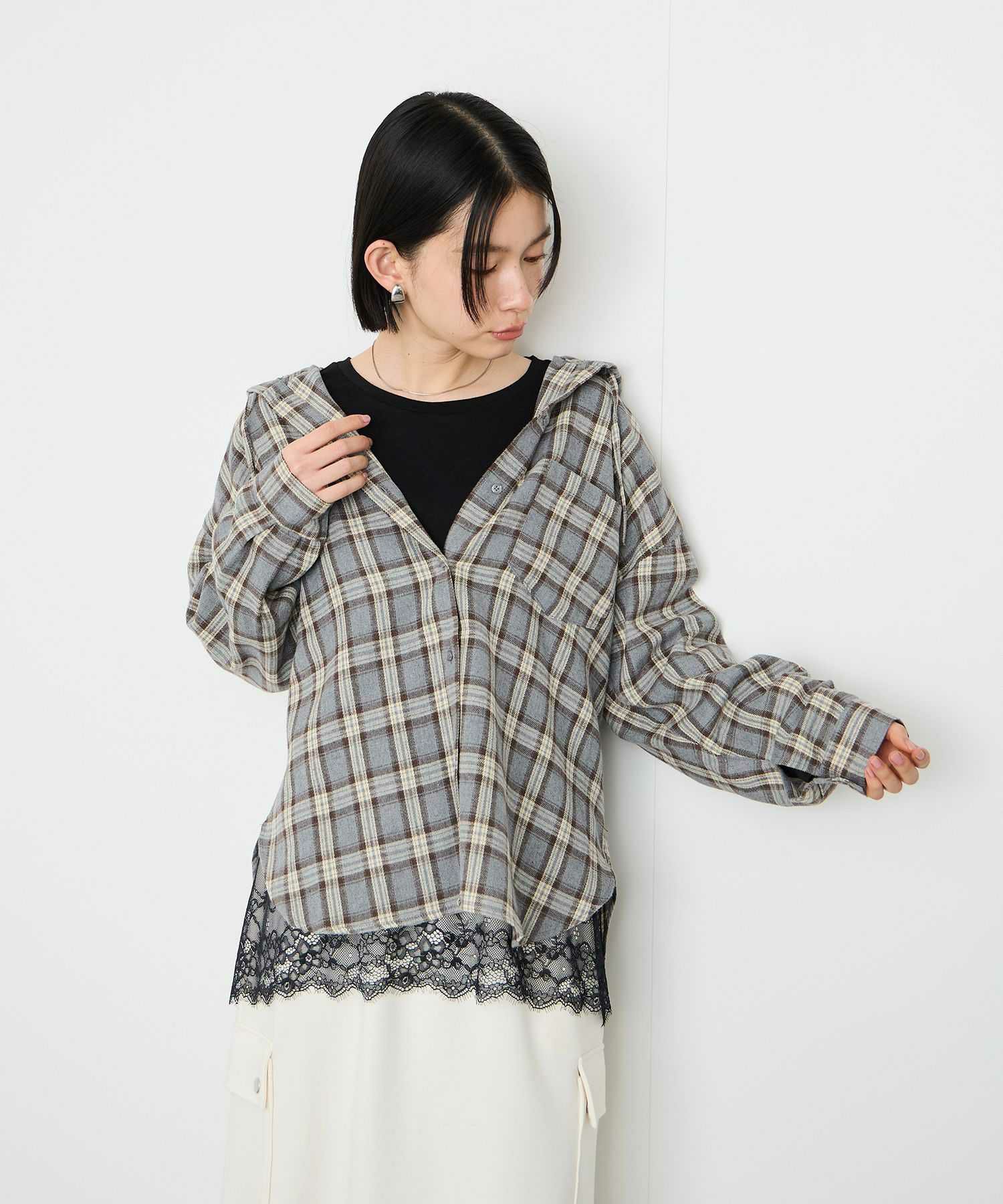 Idnes フードネルチェックシャツ レディース