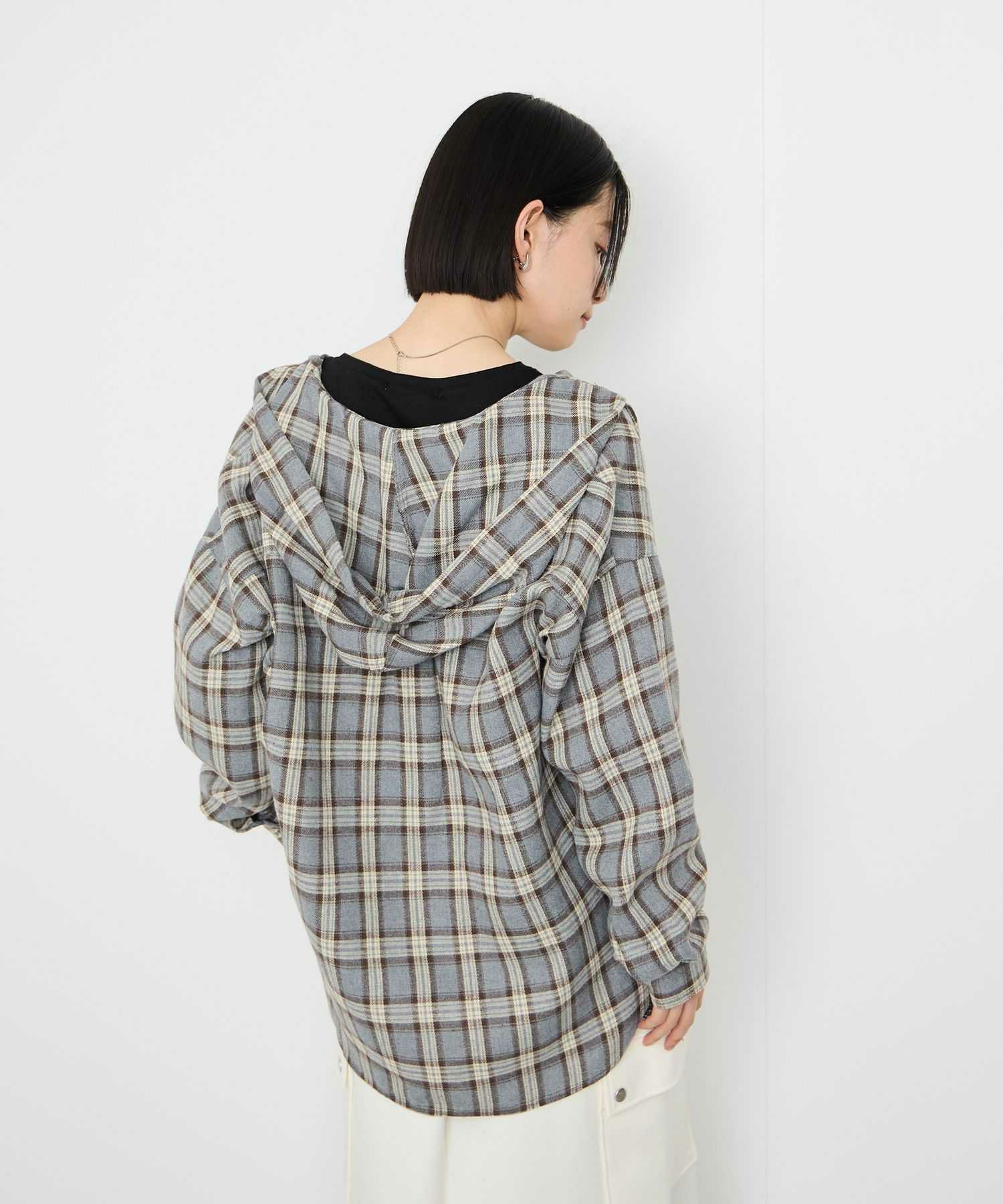 Idnes フードネルチェックシャツ レディース