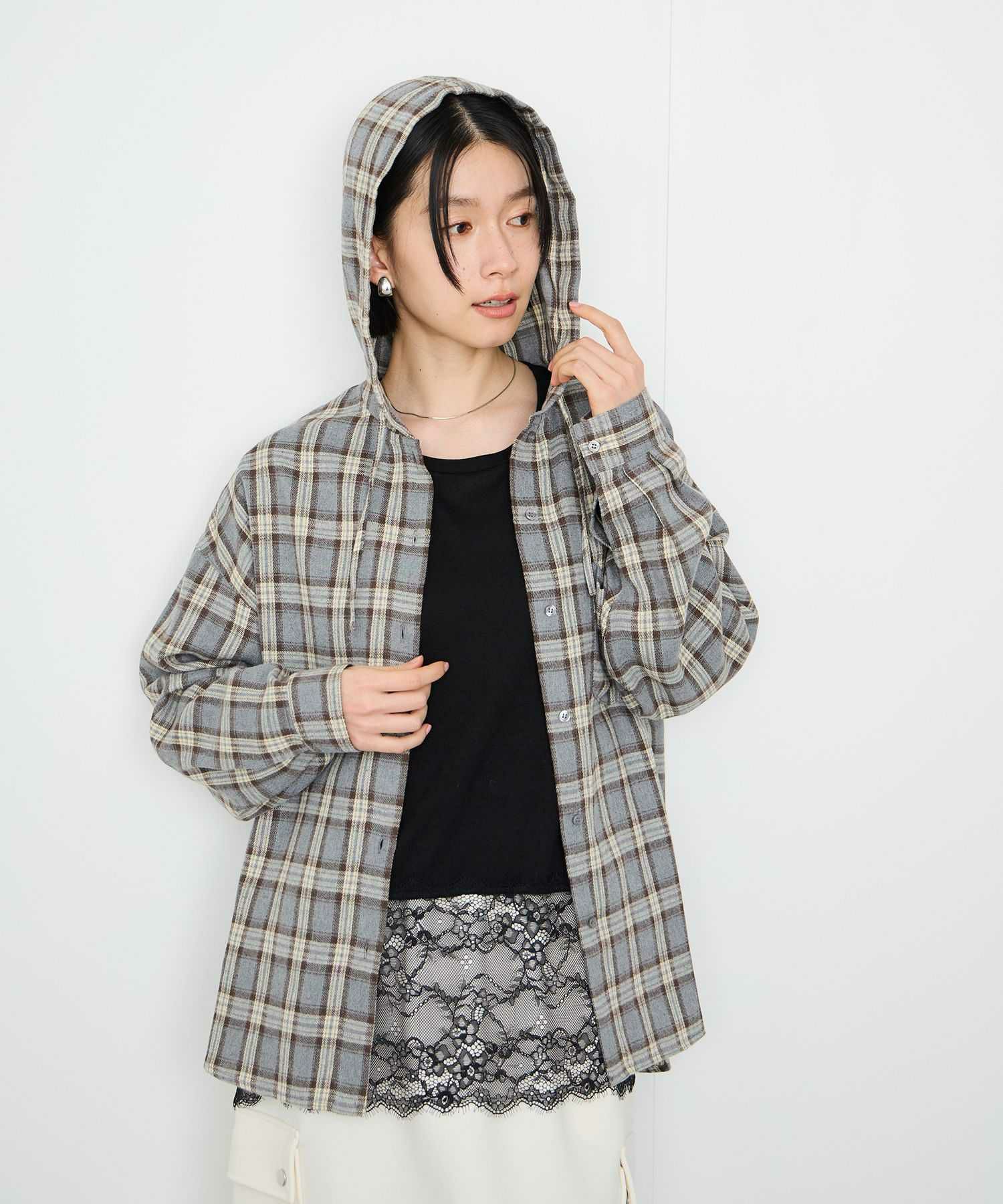 Idnes フードネルチェックシャツ レディース