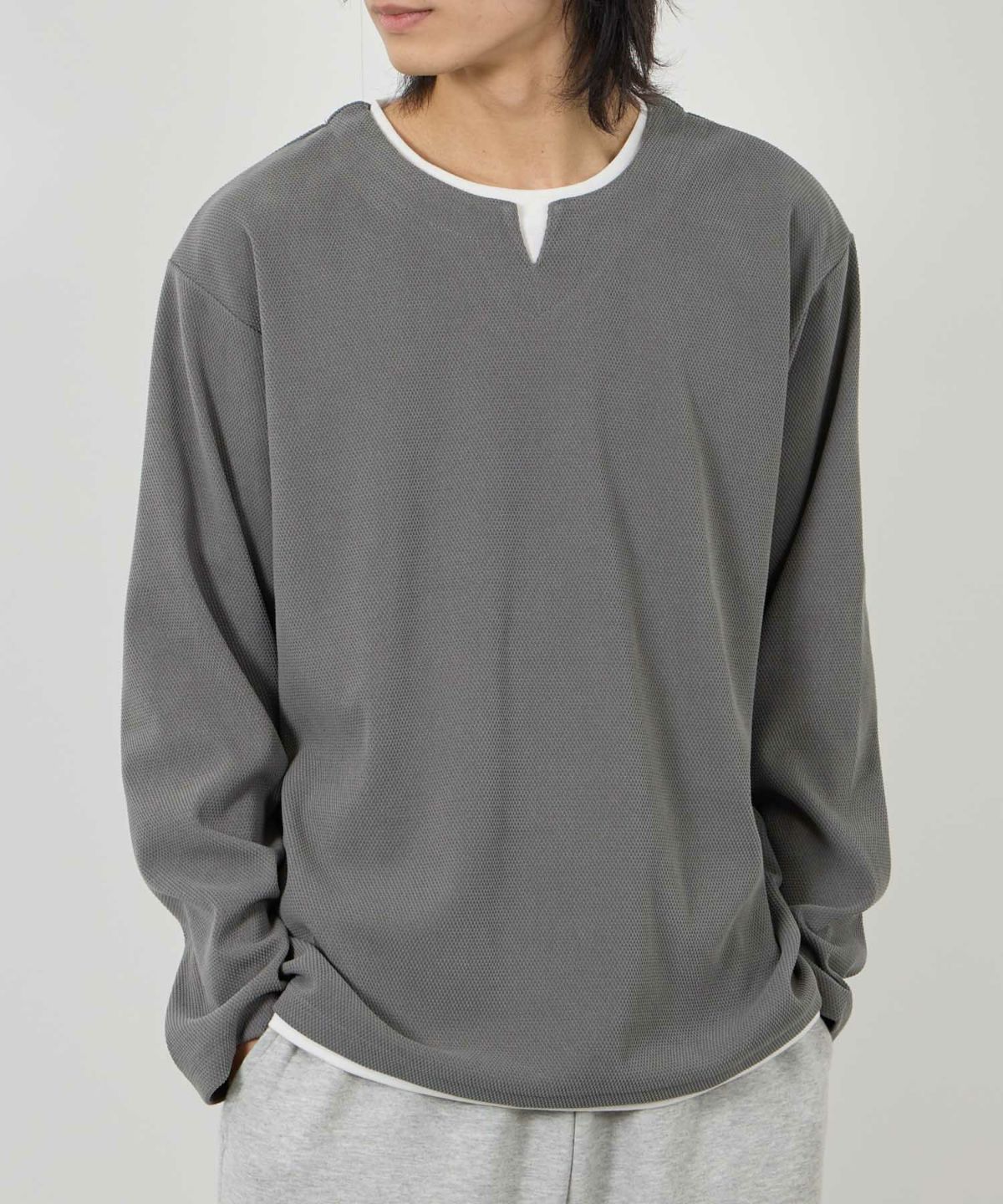 NAVY ピーチ鹿の子キーネックレイヤー長袖Tシャツ メンズ