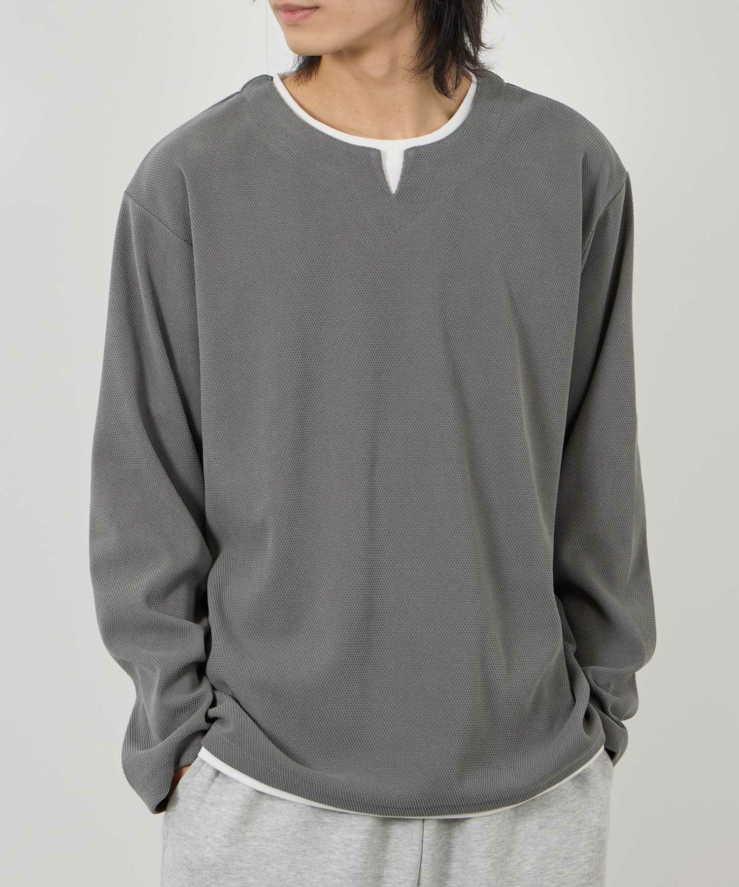 NAVY ピーチ鹿の子キーネックレイヤー長袖Tシャツ メンズ商品サムネイル-1