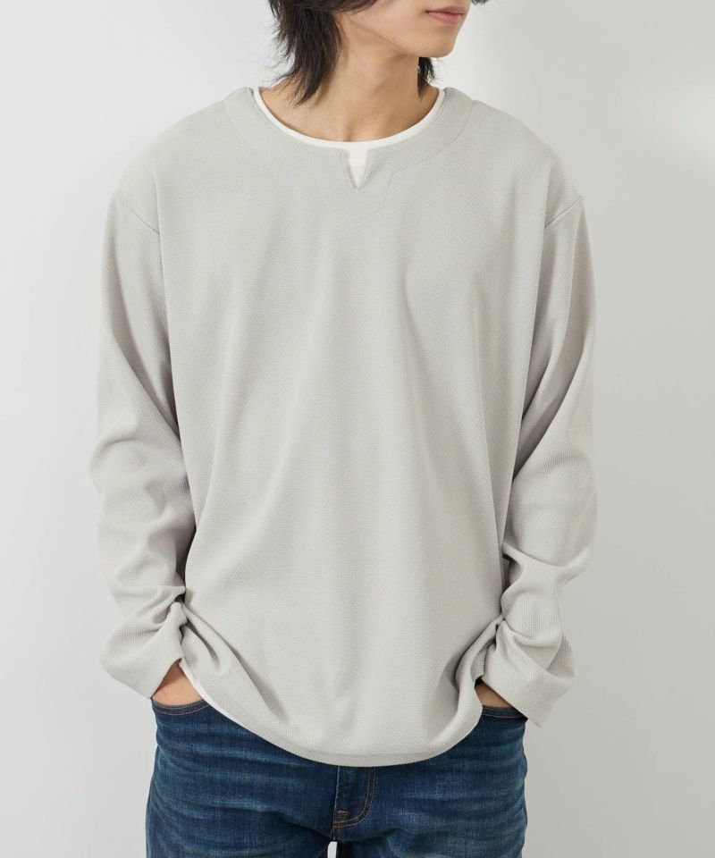 NAVY ピーチ鹿の子キーネックレイヤー長袖Tシャツ メンズ商品画像-2