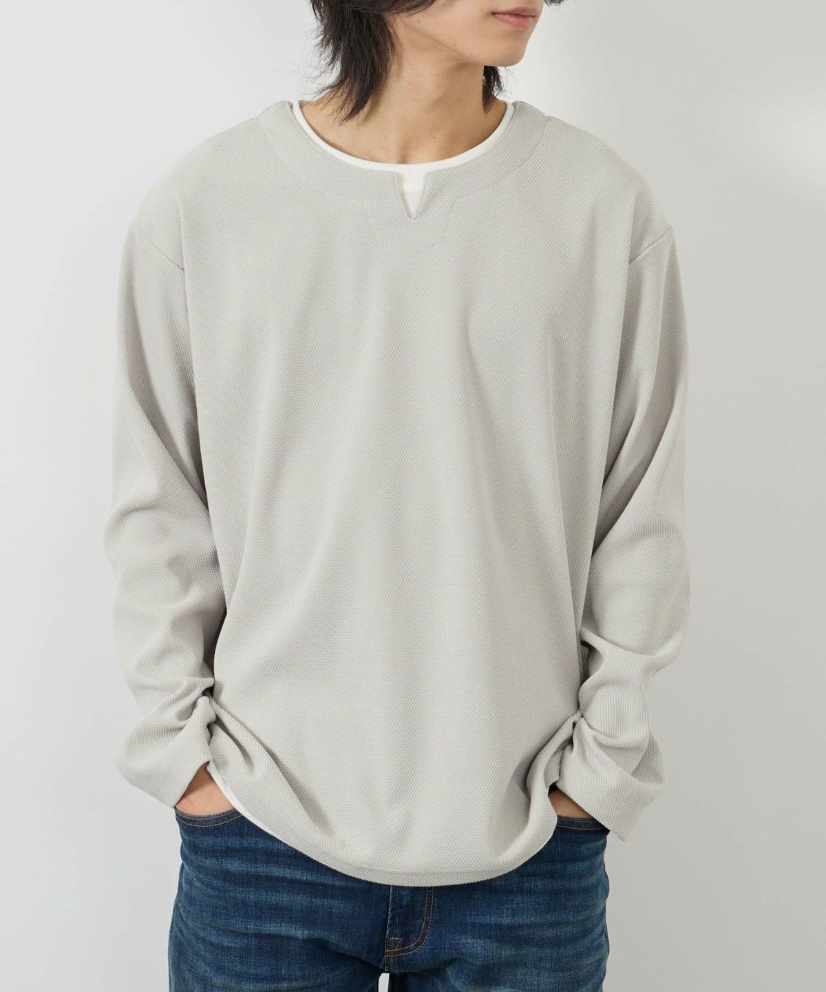 NAVY ピーチ鹿の子キーネックレイヤー長袖Tシャツ メンズ