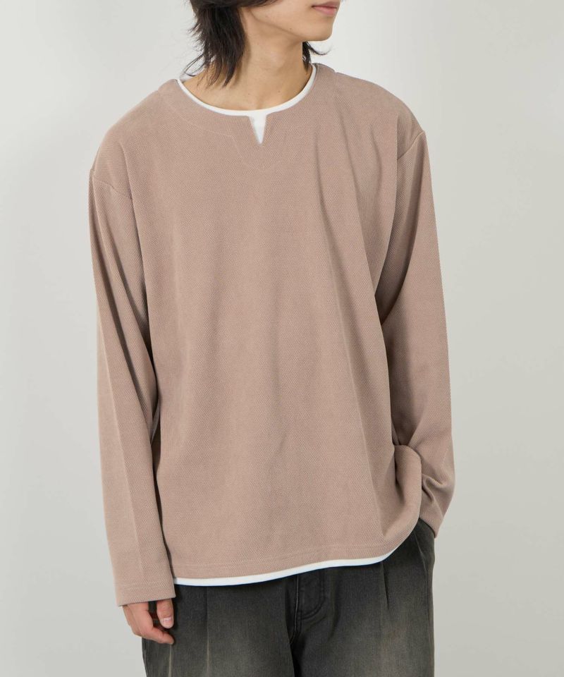 NAVY  ピーチ鹿の子キーネックレイヤー長袖Tシャツ メンズ商品画像-3