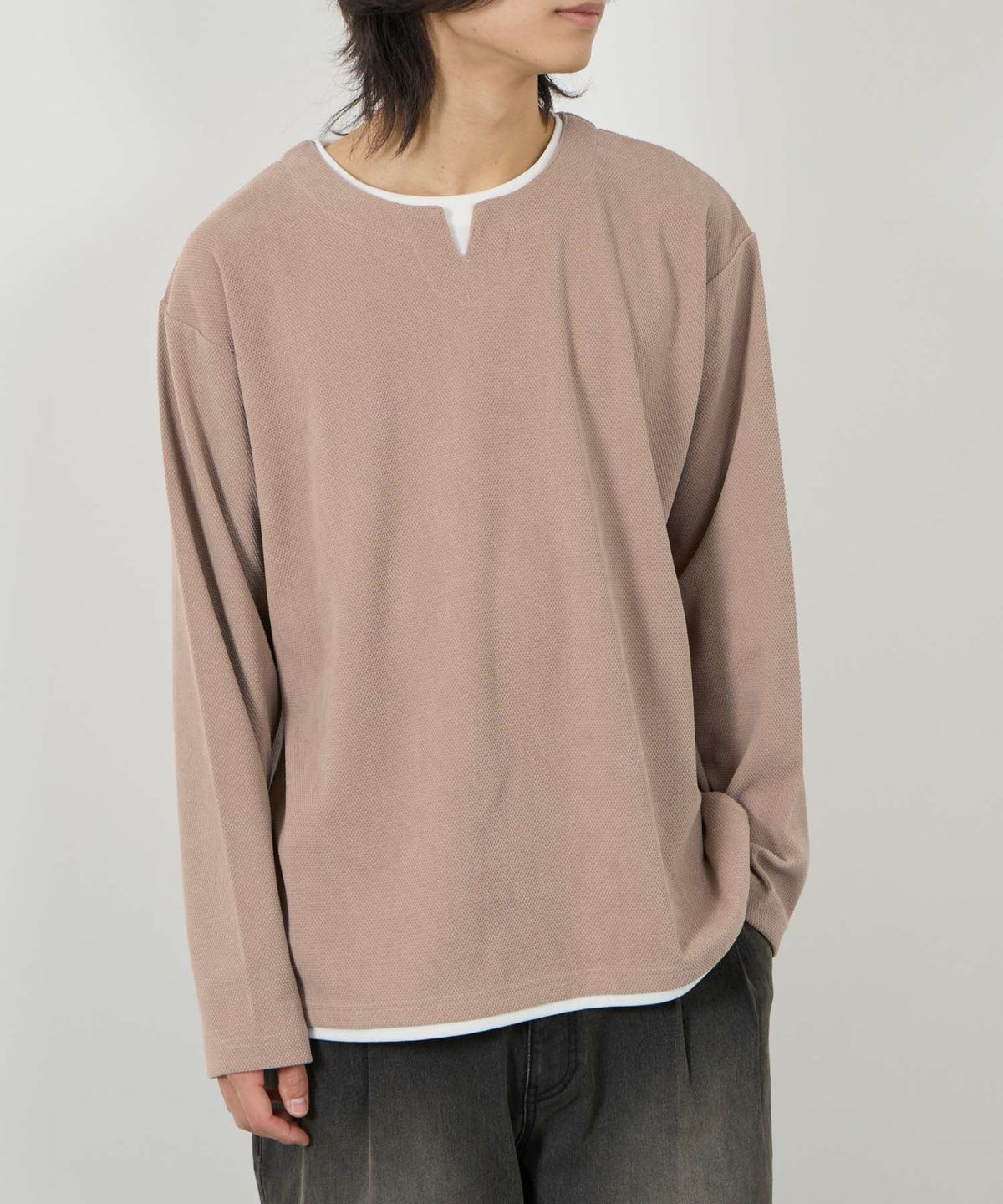 NAVY ピーチ鹿の子キーネックレイヤー長袖Tシャツ メンズ