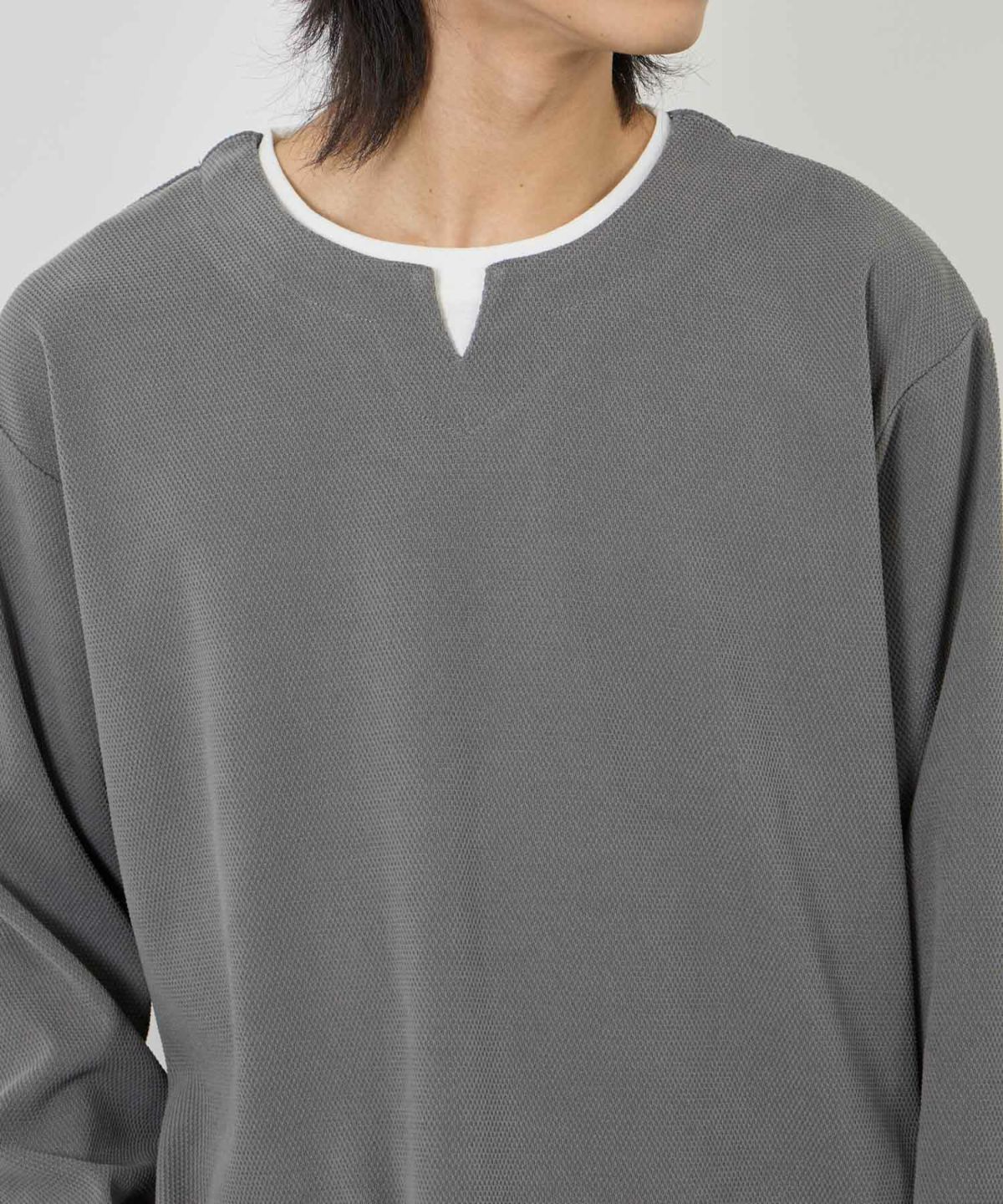 NAVY ピーチ鹿の子キーネックレイヤー長袖Tシャツ メンズ