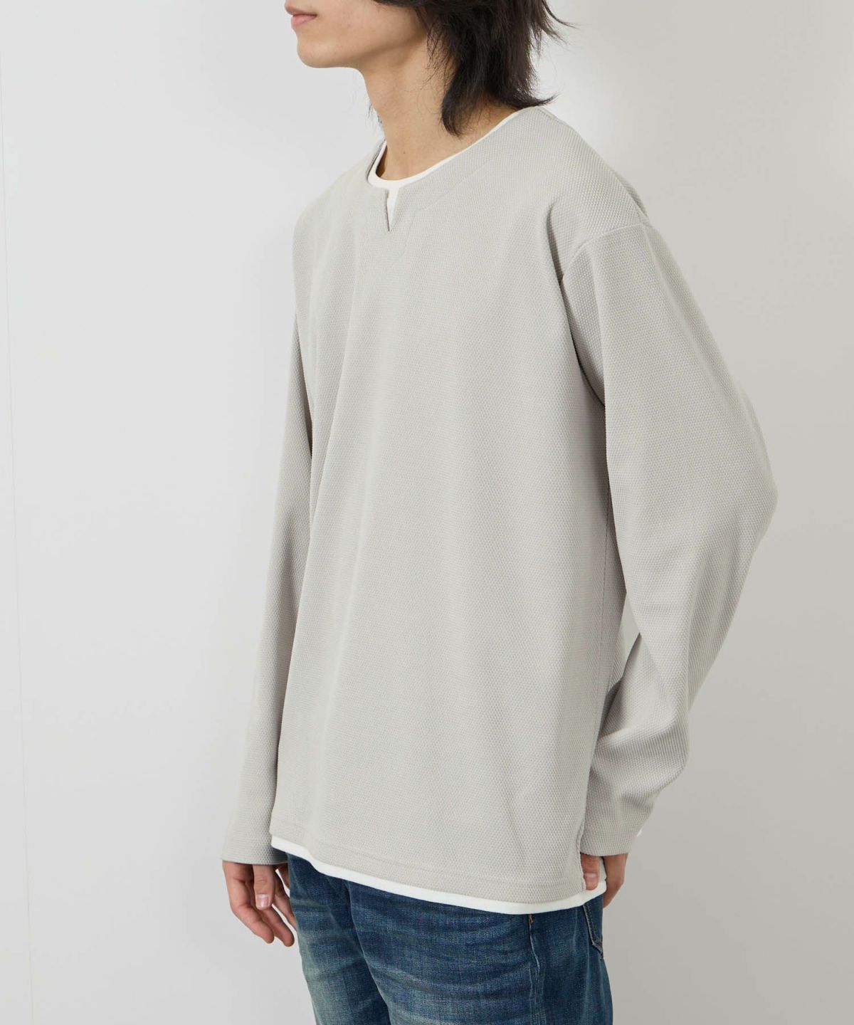 NAVY ピーチ鹿の子キーネックレイヤー長袖Tシャツ メンズ