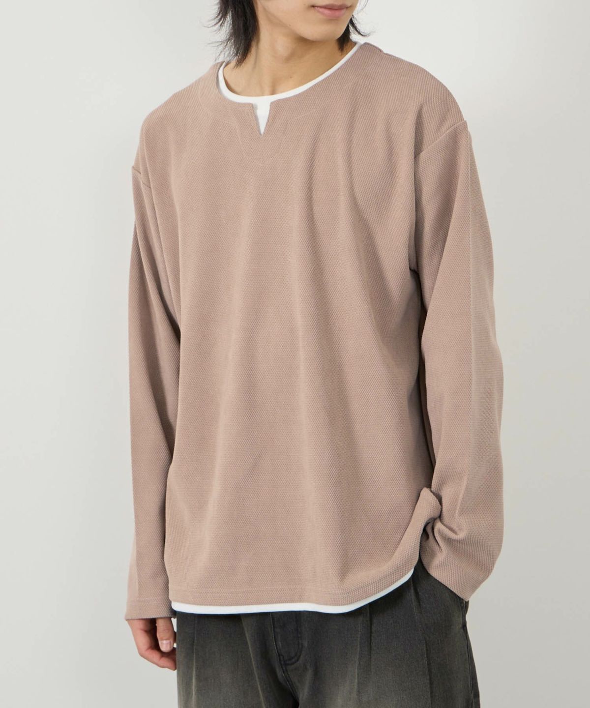 NAVY ピーチ鹿の子キーネックレイヤー長袖Tシャツ メンズ