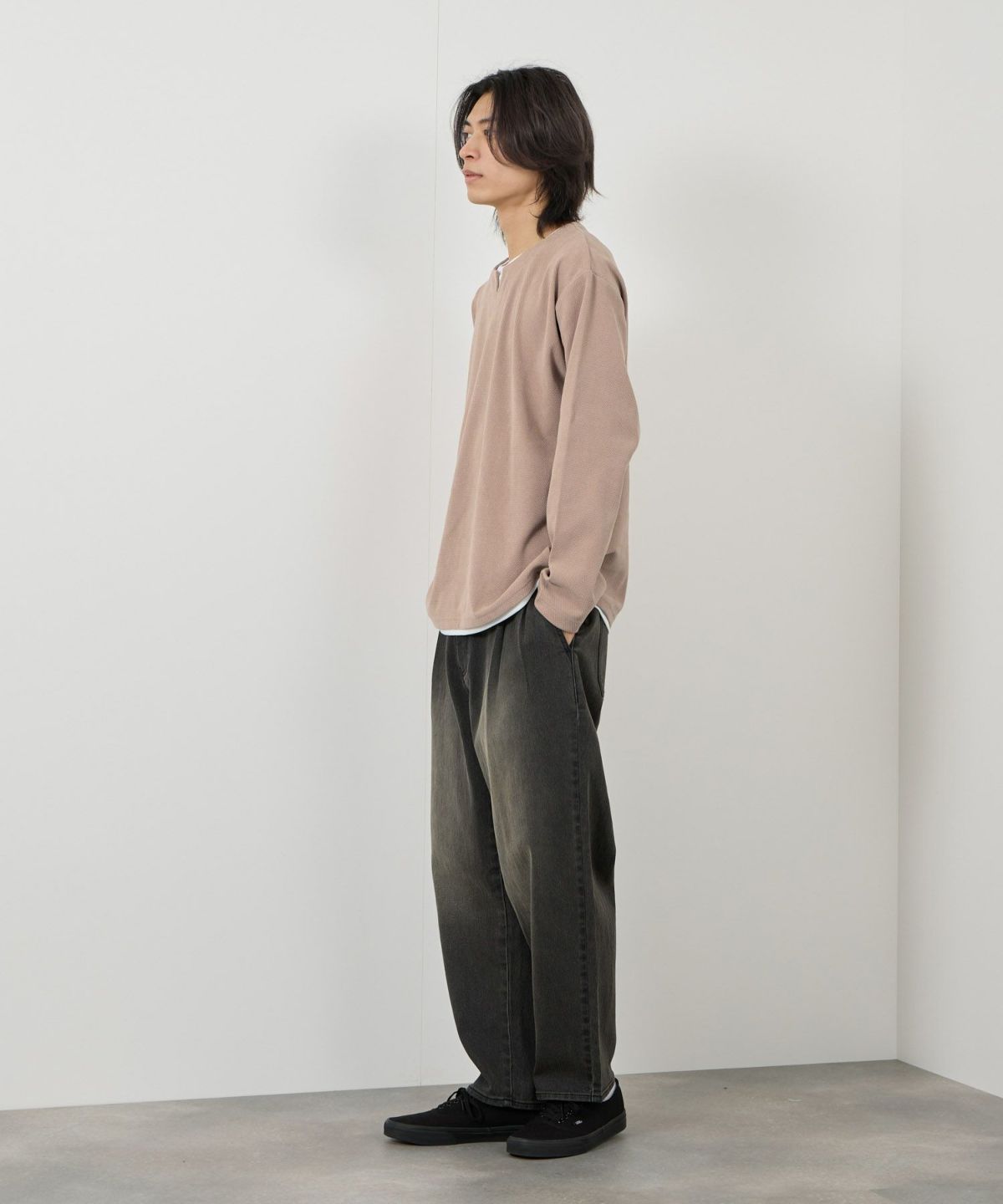 NAVY ピーチ鹿の子キーネックレイヤー長袖Tシャツ メンズ