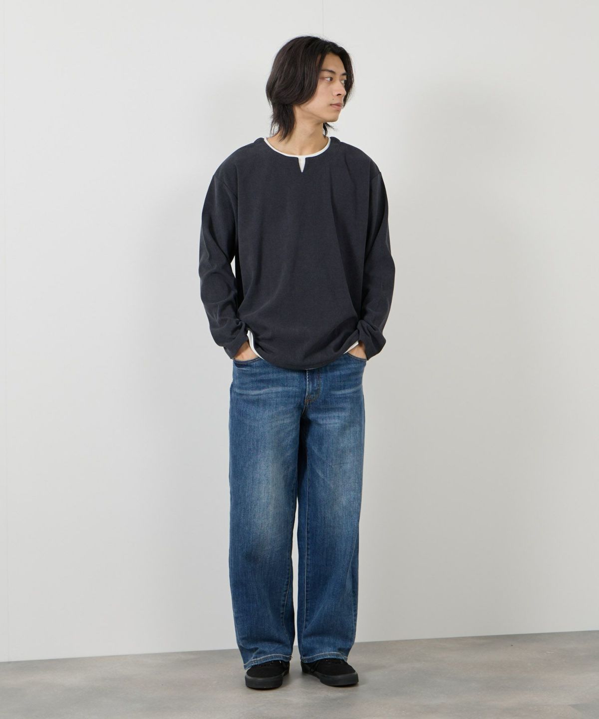 NAVY ピーチ鹿の子キーネックレイヤー長袖Tシャツ メンズ