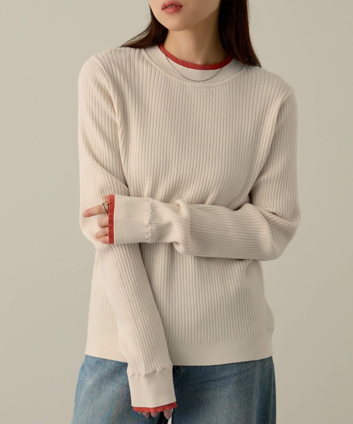 NAVY 配色リブインナープルオーバー レディース