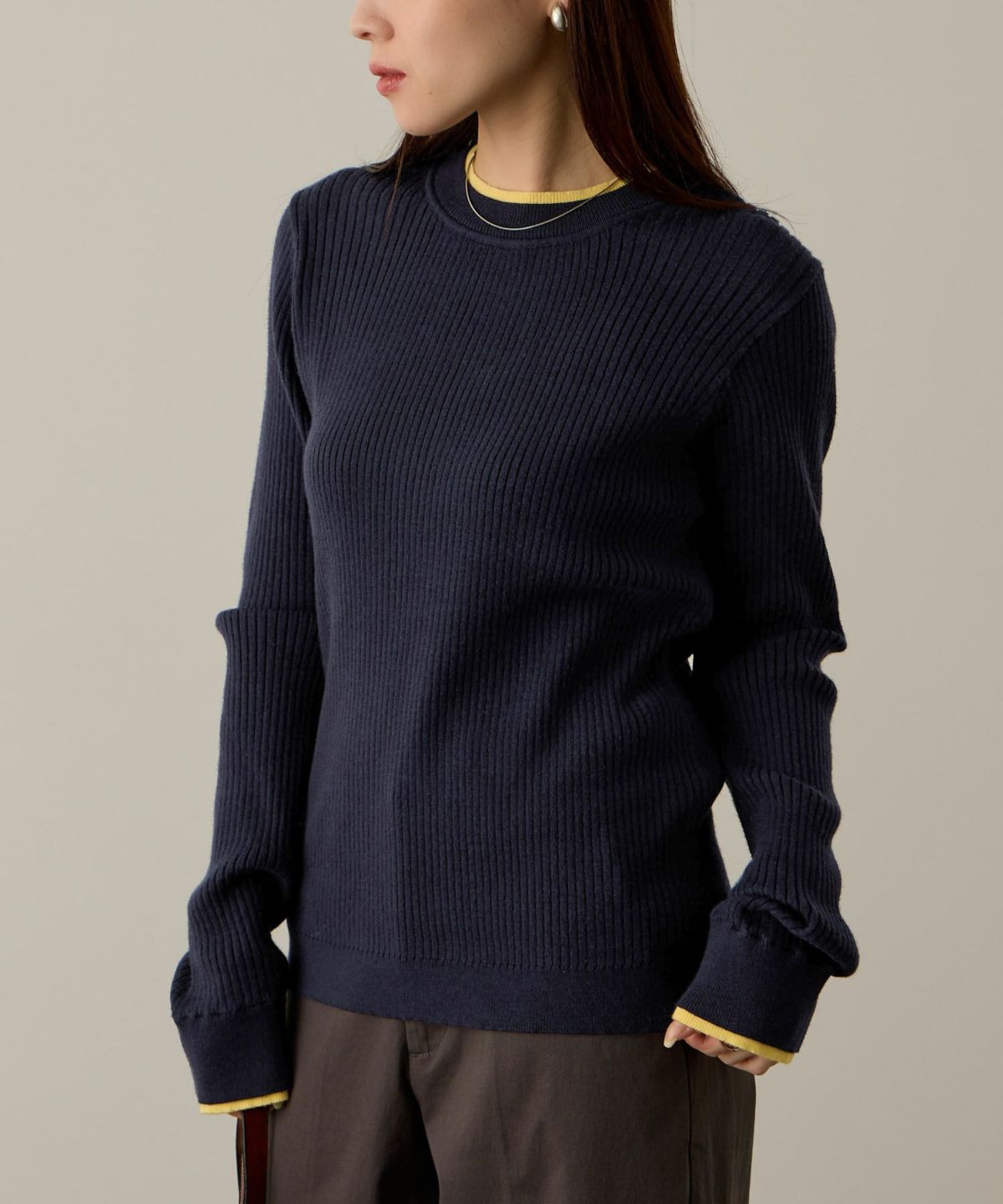 NAVY 配色リブインナープルオーバー レディース