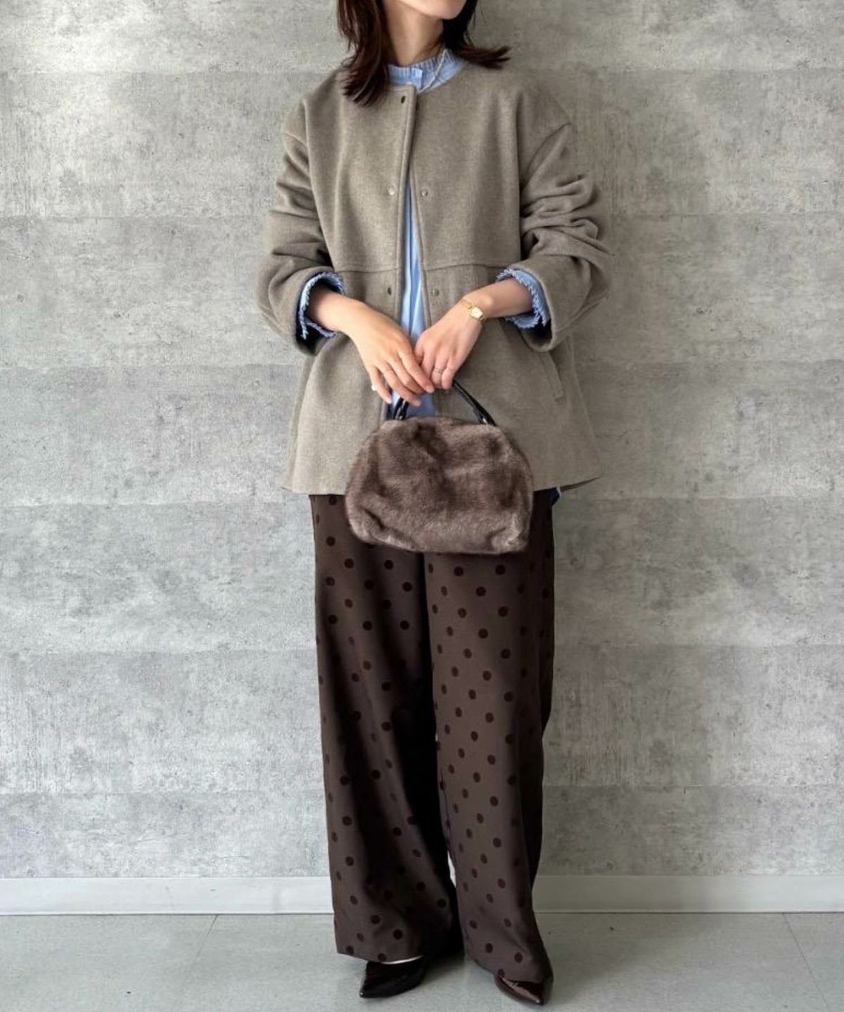 le.coeur blanc ニットビーバーノーカラーミドルコート レディース